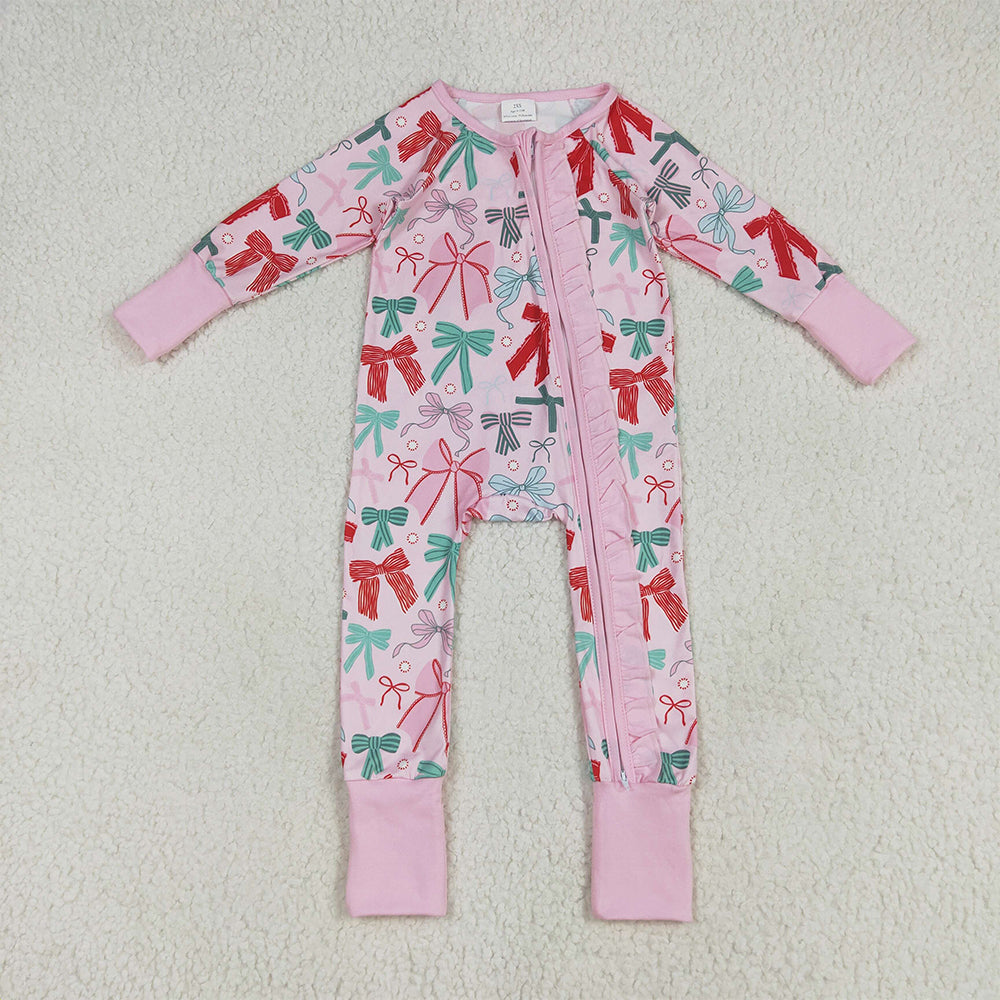 LR2266 Baby Girls Pink Long Sleeves Colorful Bows Zipper Rompers  D 6.25