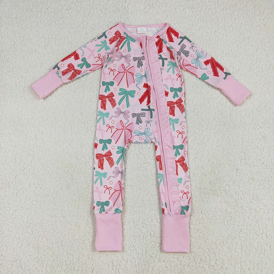 LR2266 Baby Girls Pink Long Sleeves Colorful Bows Zipper Rompers D 6.25