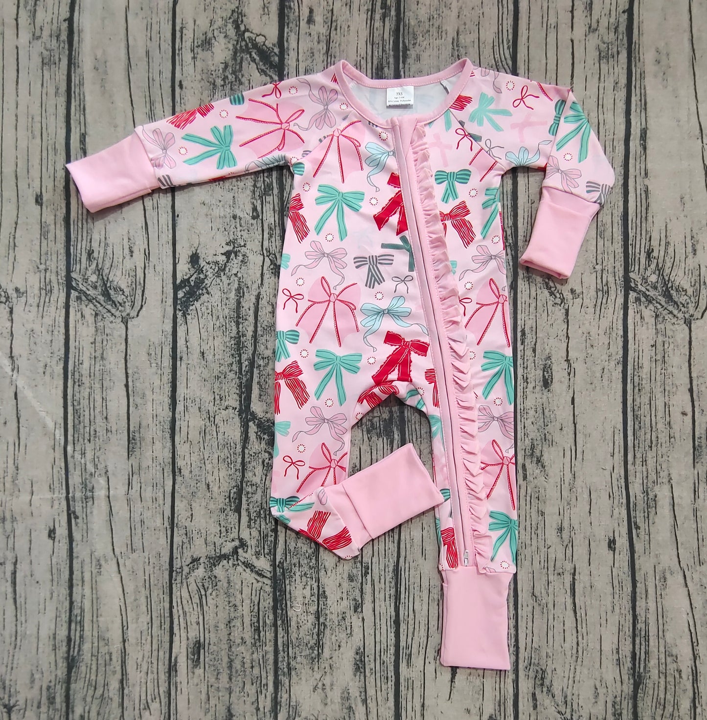 LR2266 Baby Girls Pink Long Sleeves Colorful Bows Zipper Rompers  D 6.25
