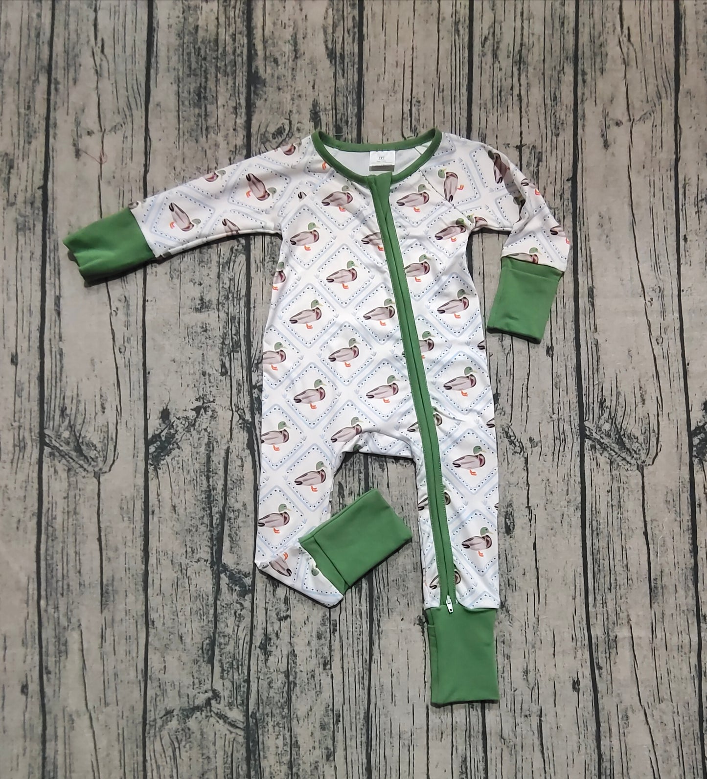 LR2269 Baby Girls Long Sleeves Green Ducks Plaid Zipper Rompers  D 6.9