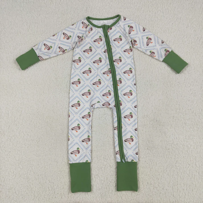Sibling Boys Green Ducks Checked Pajamas Clothes Sets Zipper Rompers Blankets    D 926