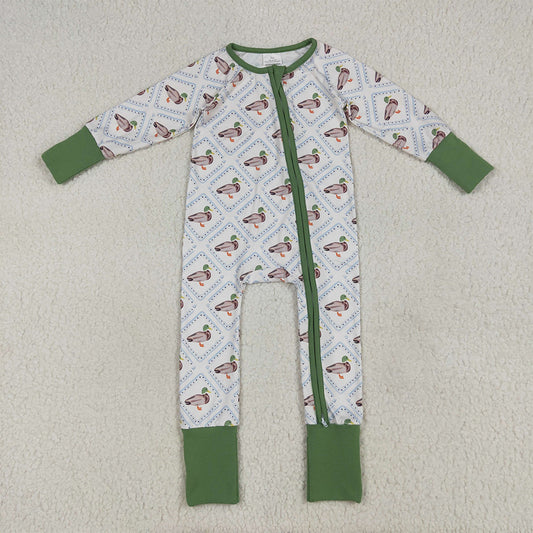 LR2269 Baby Girls Long Sleeves Green Ducks Plaid Zipper Rompers D 6.9