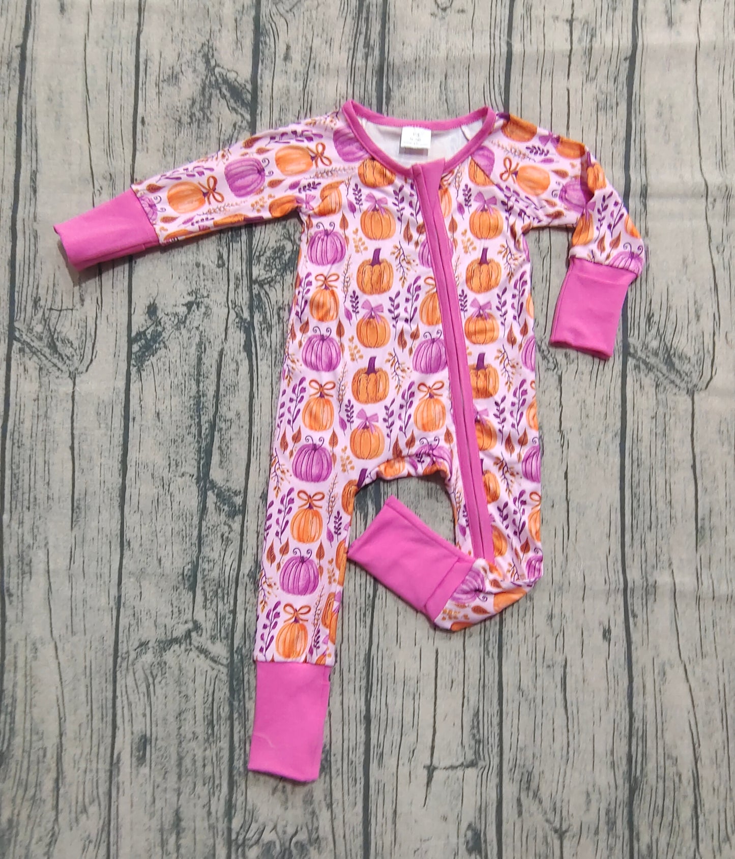 LR2270 Baby Girls Long Sleeves Hot Pink Floral Pumpkins Zipper Rompers D 6.3