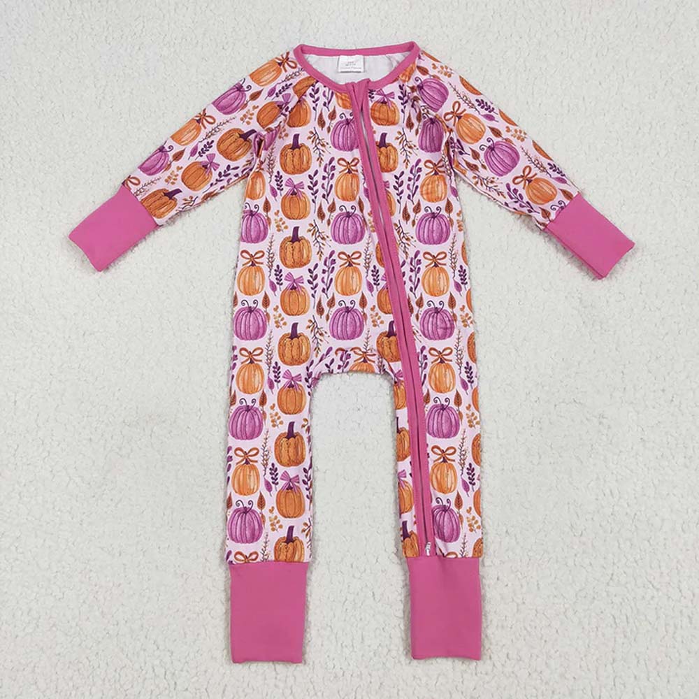 LR2270 Baby Girls Long Sleeves Hot Pink Floral Pumpkins Zipper Rompers D 6.3