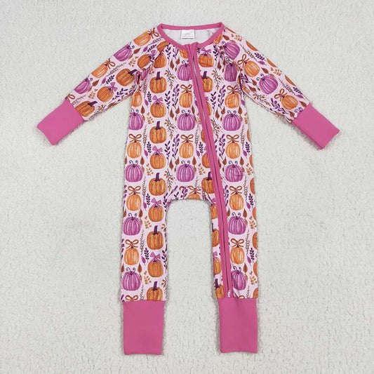 LR2270 Baby Girls Long Sleeves Hot Pink Floral Pumpkins Zipper Rompers D 6.3