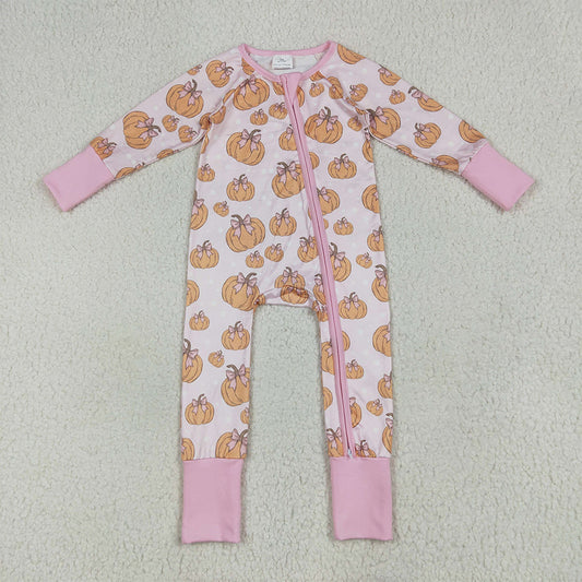 LR2271 Baby Girls Long Sleeves Pink Bows Pumpkins Plaid Zipper Rompers D 6.16