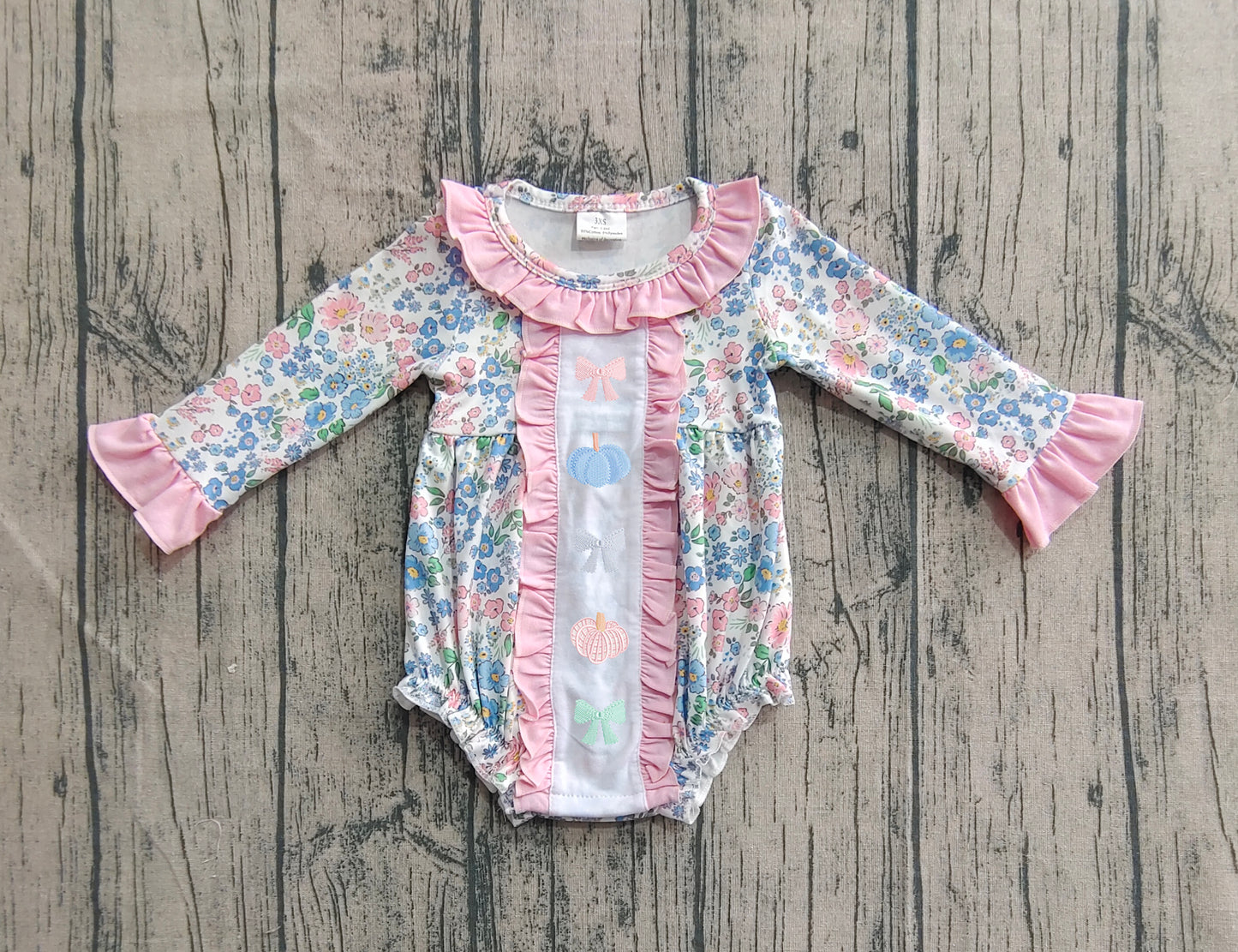 LR2273 Embroidery Baby Girls Long Sleeves Floral Bows Pumpkins Ruffle Rompers  D 7.14