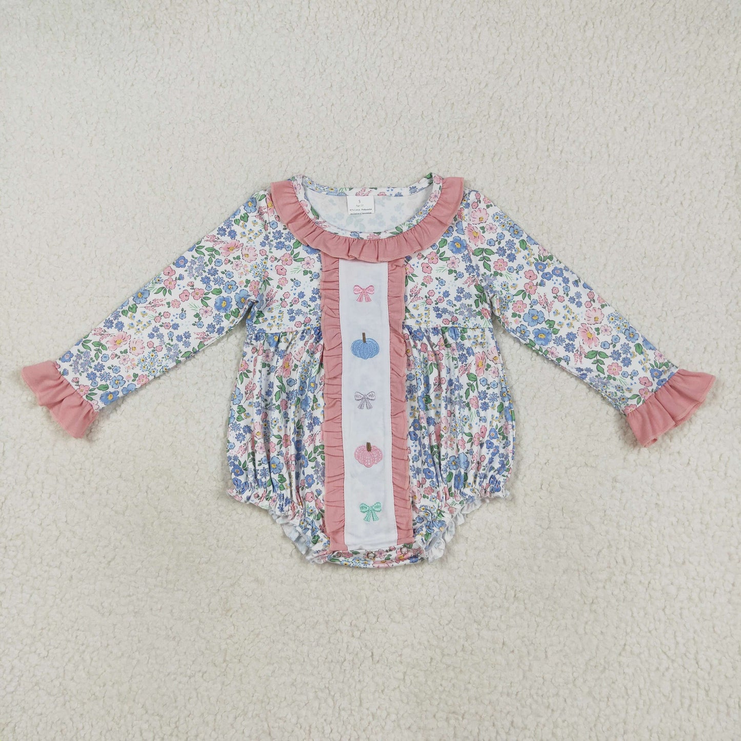 LR2273 Embroidery Baby Girls Long Sleeves Floral Bows Pumpkins Ruffle Rompers  D 7.14