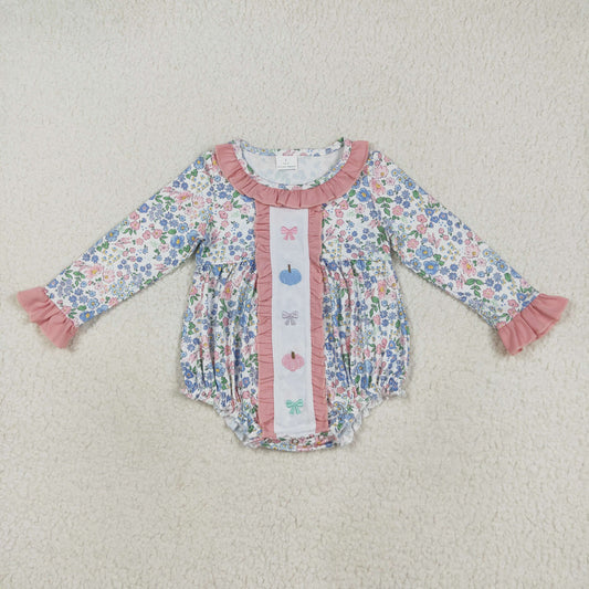 LR2273 Embroidery Baby Girls Long Sleeves Floral Bows Pumpkins Ruffle Rompers D 7.14
