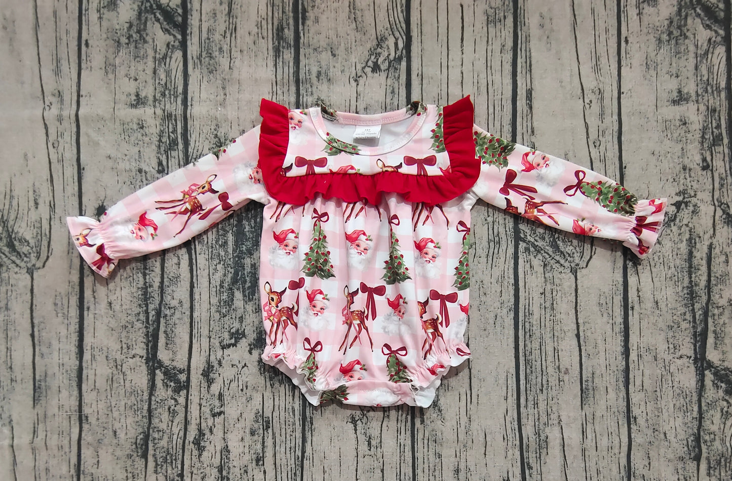 LR2274 Baby Girls Long Sleeves Pink Plaid Santa Trees Ruffle Rompers  D 6.5