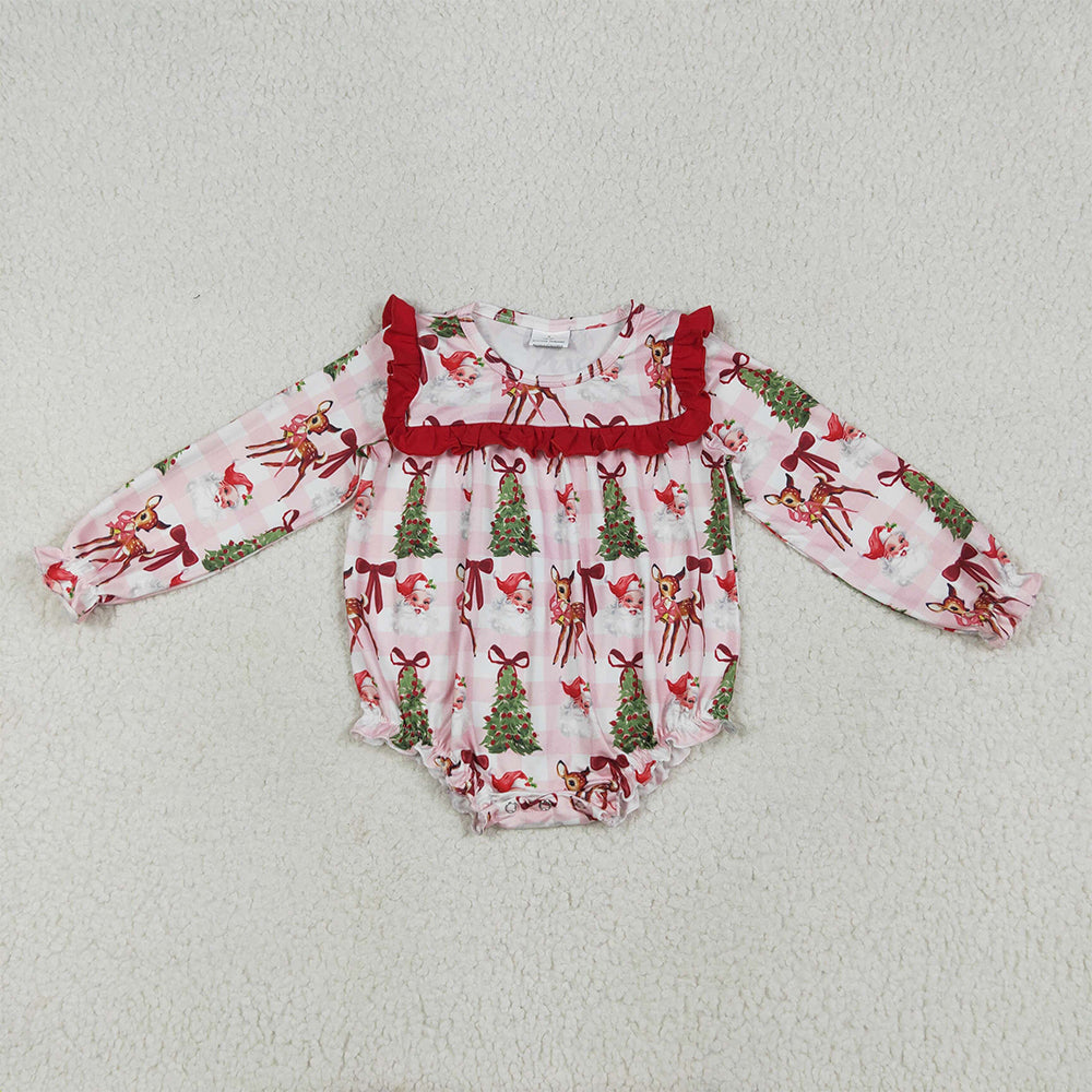 LR2274 Baby Girls Long Sleeves Pink Plaid Santa Trees Ruffle Rompers  D 6.5