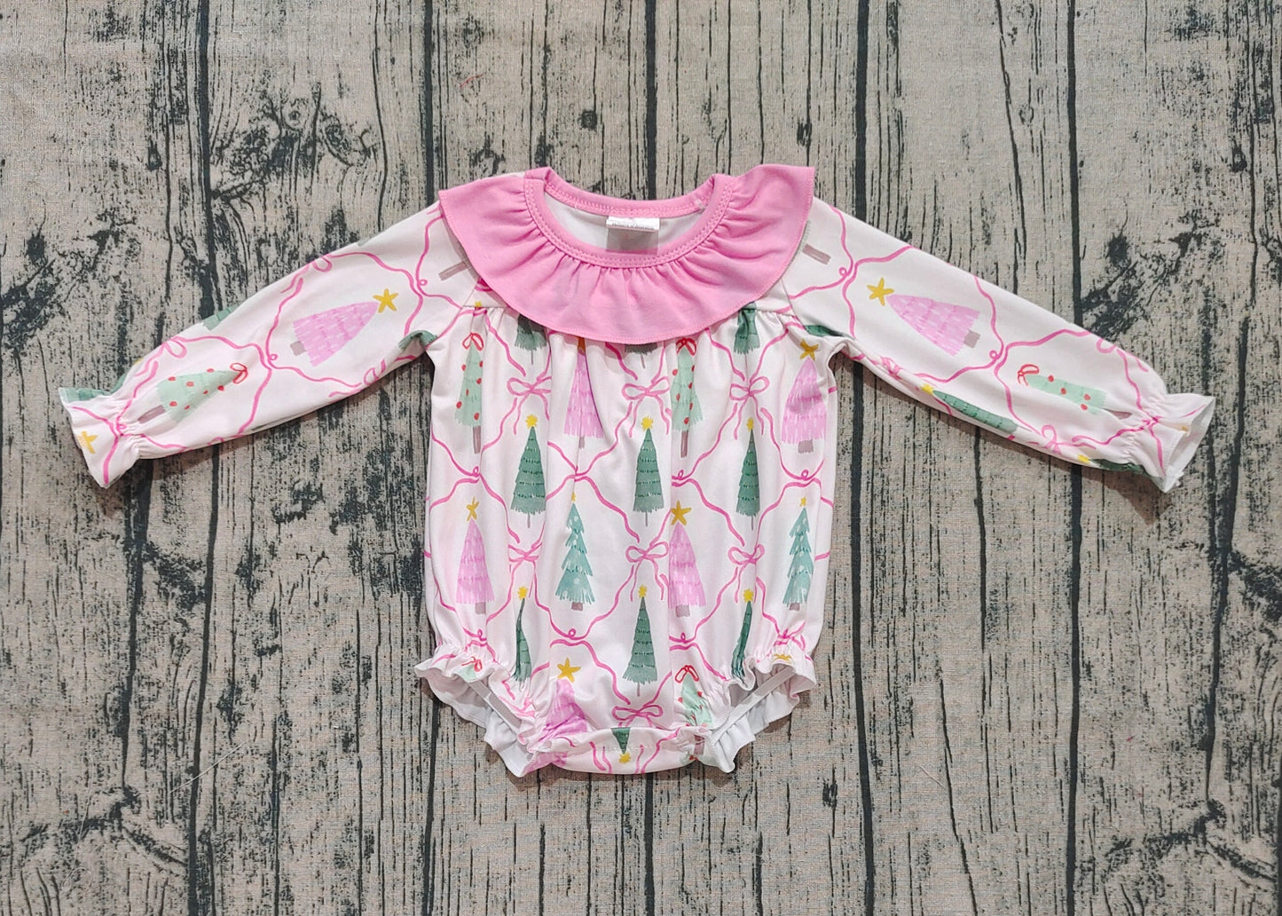 LR2275  Baby Girls Long Sleeves Pink Bows Trees Plaid Ruffle Rompers D 6.5