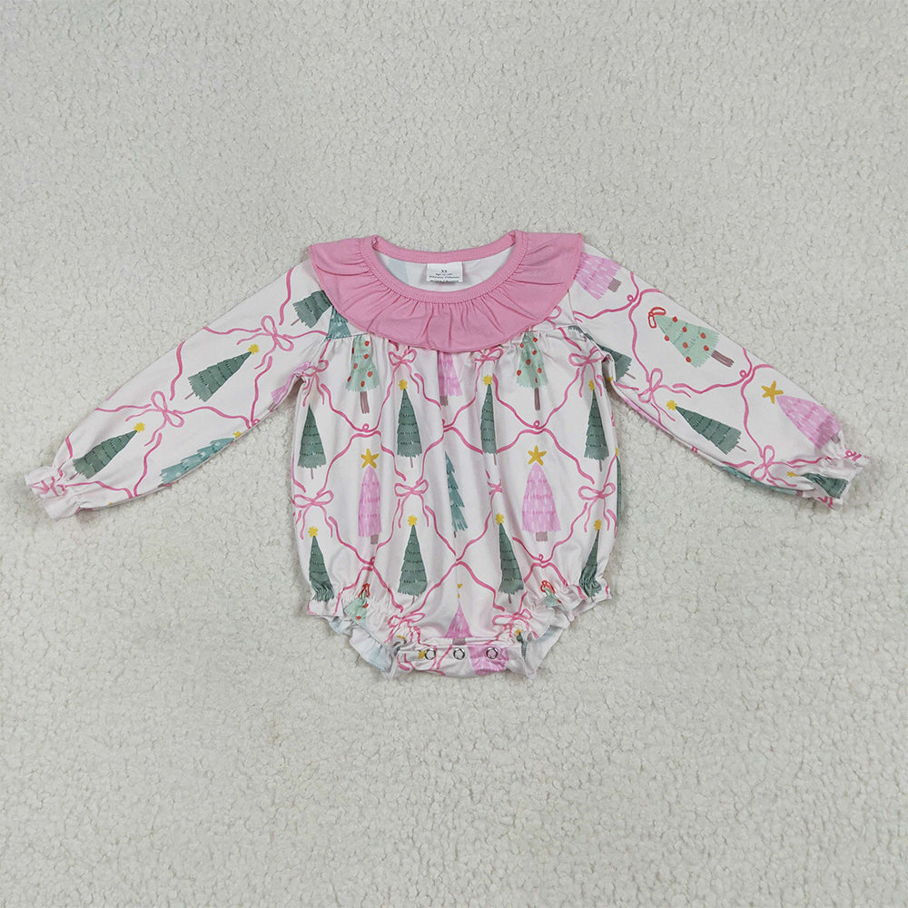LR2275  Baby Girls Long Sleeves Pink Bows Trees Plaid Ruffle Rompers D 6.5