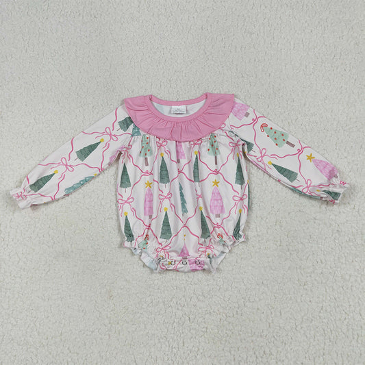 LR2275  Baby Girls Long Sleeves Pink Bows Trees Plaid Ruffle Rompers D 6.5
