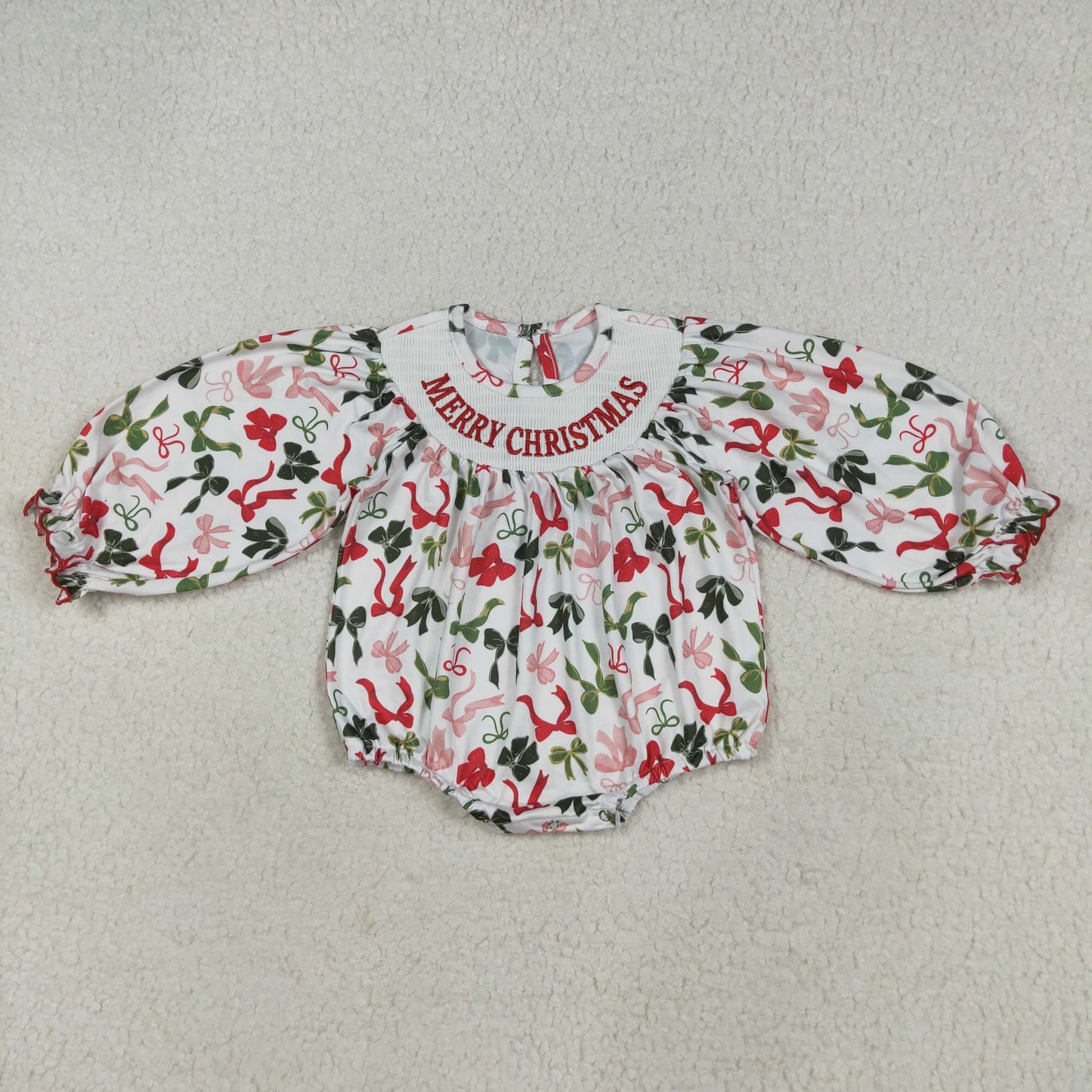 LR2276  Baby Girls Smocked Merry Christmas Colorful Bows Ruffle Rompers D 7.21