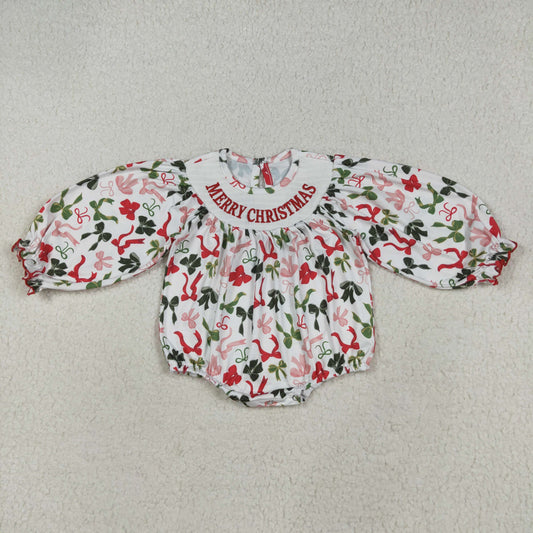LR2276 Baby Girls Smocked Merry Christmas Colorful Bows Ruffle Rompers D 7.21