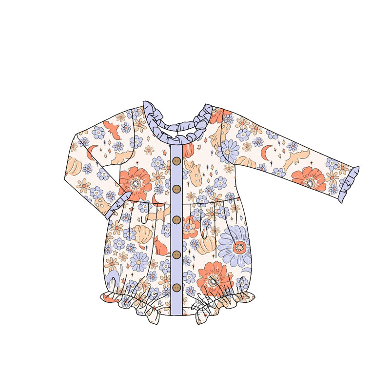 presale LR2281  Baby Girls Long Sleeves Daisy Pumpkins Button Ruffle Rompers D 6.2