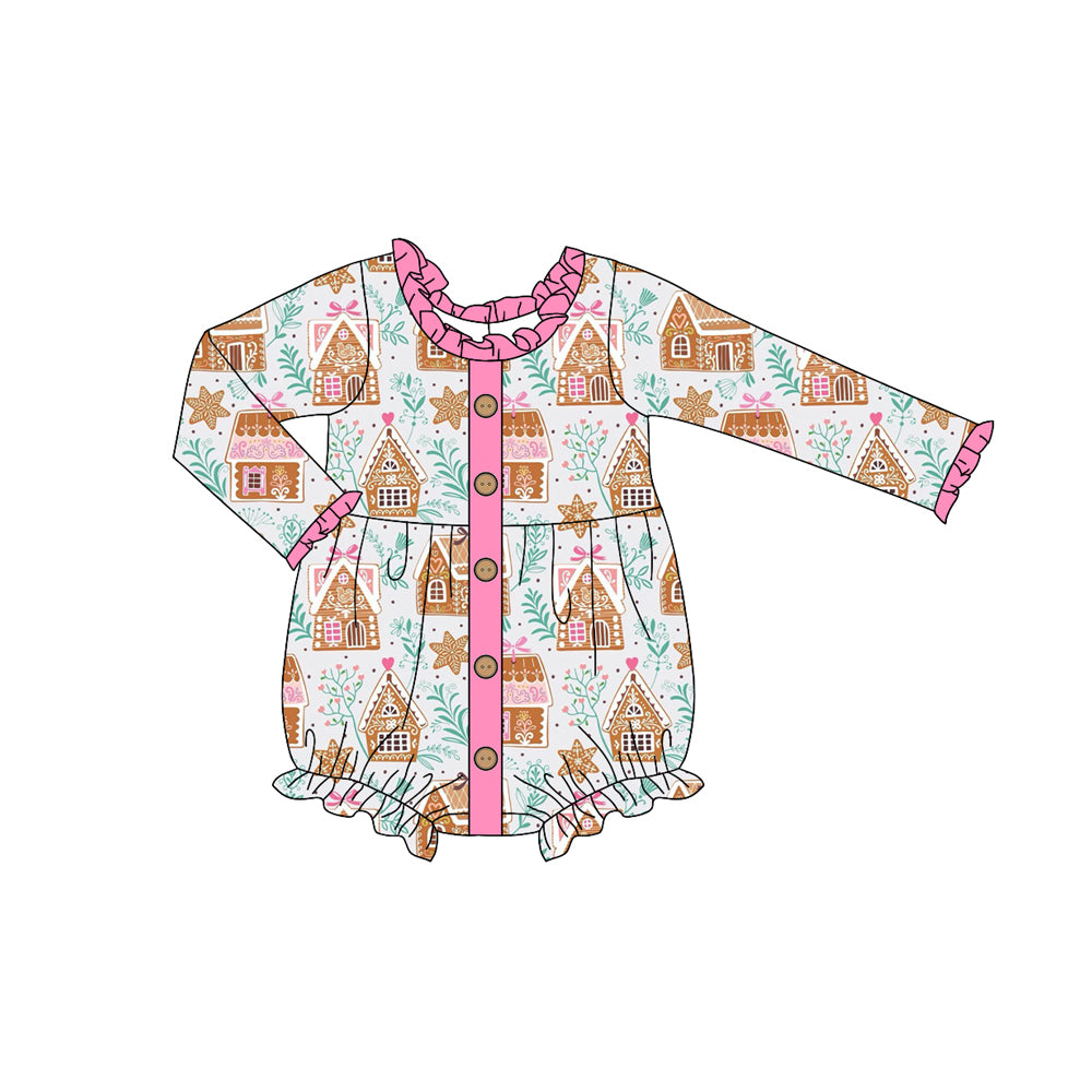 presale LR2282 Baby Girls Long Sleeves Pink Houses Snowflake Button Ruffle Rompers D 6.2