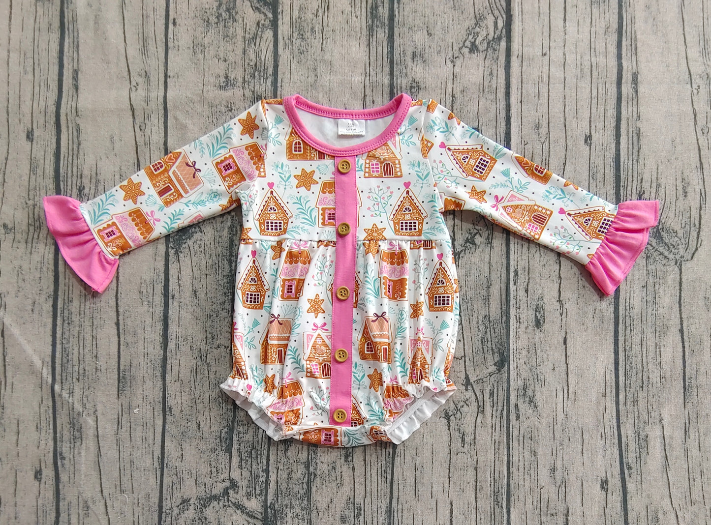 presale LR2282 Baby Girls Long Sleeves Pink Houses Snowflake Button Ruffle Rompers D 6.2