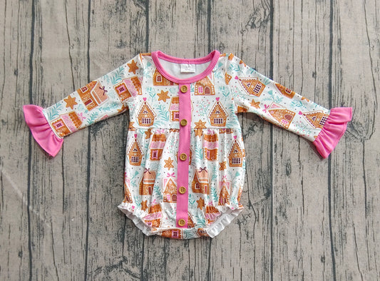 presale LR2282 Baby Girls Long Sleeves Pink Houses Snowflake Button Ruffle Rompers D 6.2
