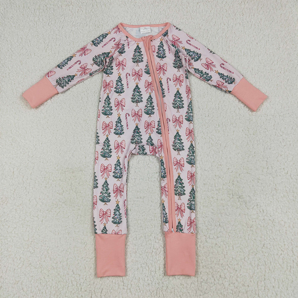 LR2283 Baby Girls Long Sleeves Pink Bows Trees Zipper Pant Rompers  D 6.2