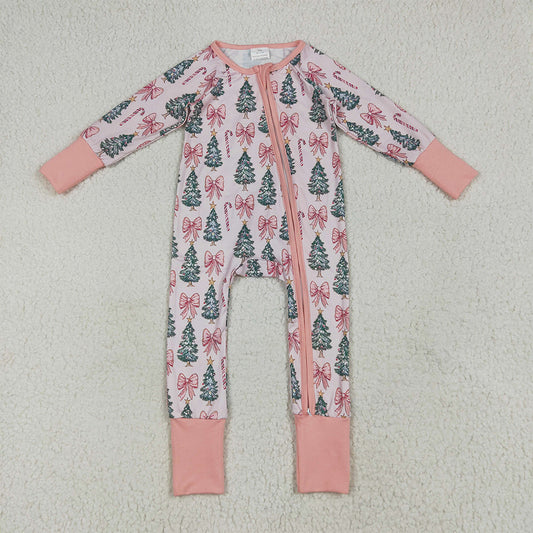 LR2283 Baby Girls Long Sleeves Pink Bows Trees Zipper Pant Rompers  D 6.2