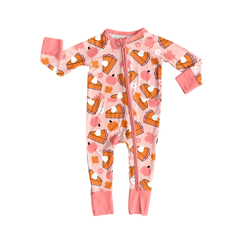 presale LR2284  Baby Girls Pink Long Sleeves Cakes Pumpkins Zipper Pant Rompers  D 6.3