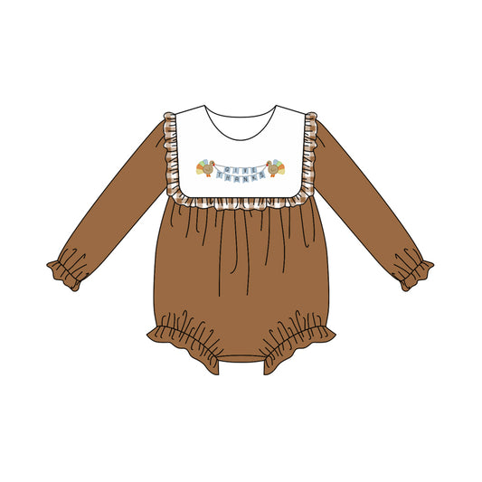 presale LR2286  Baby Girls Brown Long Sleeves Turkey Give Thanks Ruffle Rompers  D 6.4