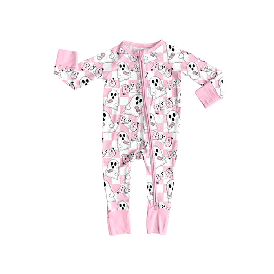 presale LR2288 Baby Girls Pink Plaid Long Sleeves Ghost BOO Zipper Rompers D 6.4