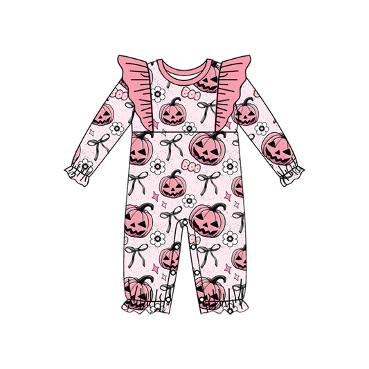 presale LR2289 Baby Girls Long Sleeves Pink Pumpkins Flowers Ruffle Rompers D 6.4