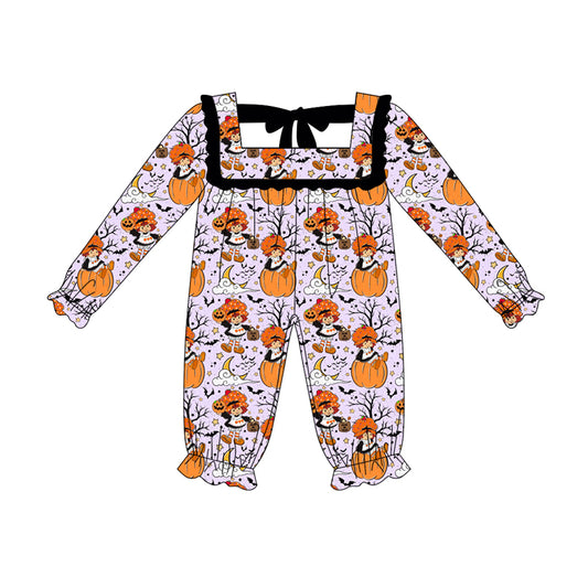 presale LR2290  Baby Girls Long Sleeves Lavender Ghost Pumpkins Ruffle Rompers D 6.4