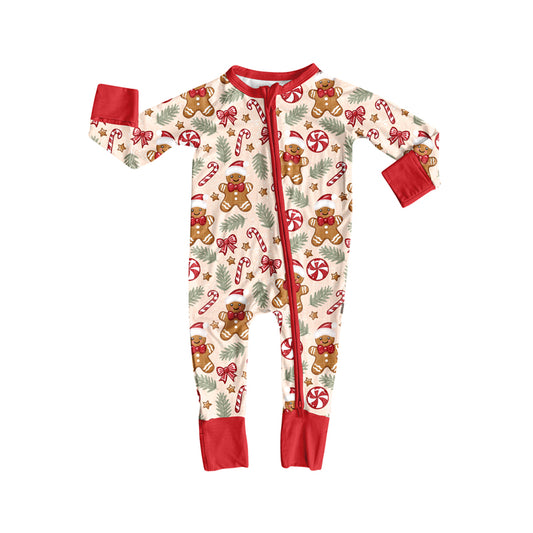 presale LR2291 Baby Girls Long Sleeves Red Gingerbread Candy Cane Zipper Rompers  D 6.4