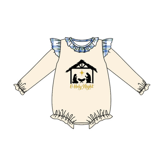 presale LR2293 Baby Girls Long Ruffle Sleeves Jesus Nativity Bummies Rompers D 6.4
