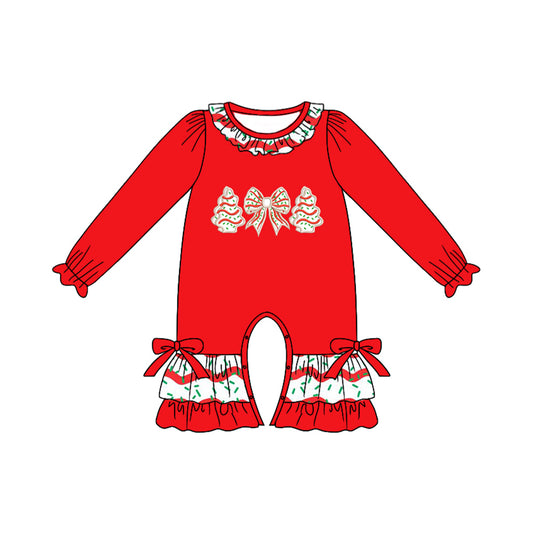 presale LR2294 Baby Girls Red Long Ruffle Sleeves Bows Tree Pant Rompers D 6.4
