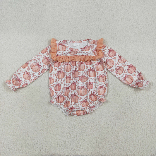 LR2295 Baby Girls Long Ruffle Sleeves Bows Pumpkins Rompers D 6.9