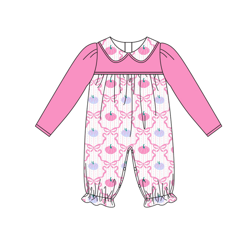 presale LR2296 Baby Girls Pink Long Sleeves Bows Pumpkins Plaid Pant Rompers D 6.9