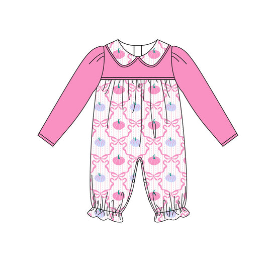 presale LR2296 Baby Girls Pink Long Sleeves Bows Pumpkins Plaid Pant Rompers D 6.9
