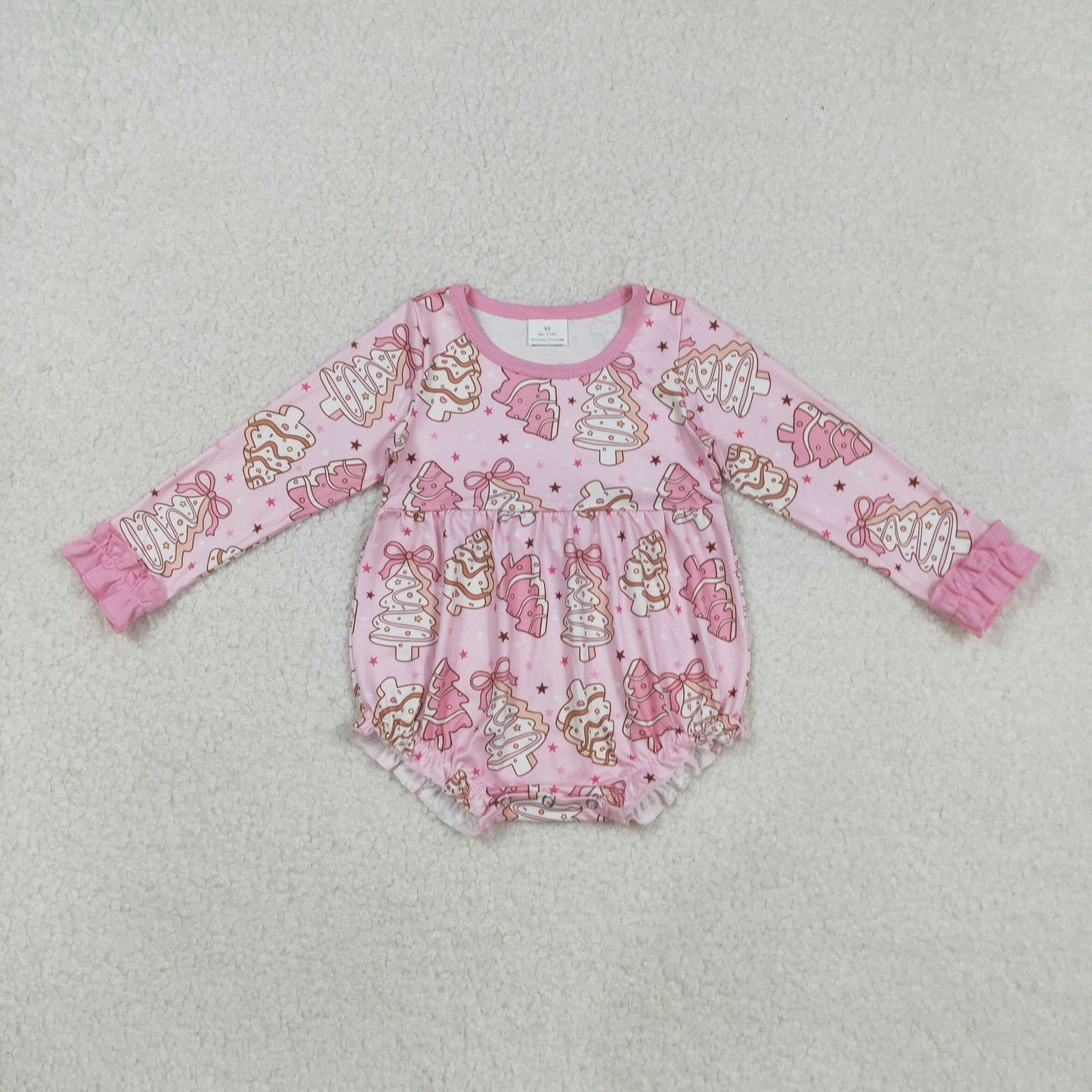 LR2301  Baby Girls Long Ruffle Sleeves Pink Bows Christmas Trees Plaid Rompers D 908