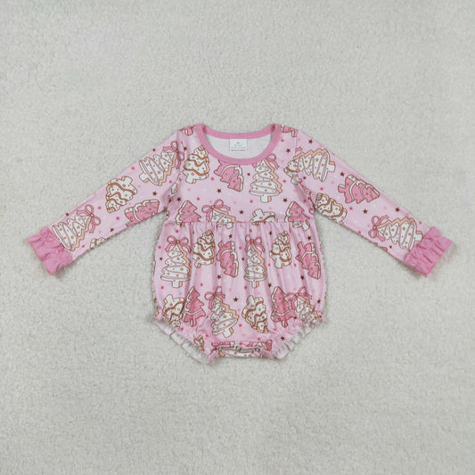 LR2301  Baby Girls Long Ruffle Sleeves Pink Bows Christmas Trees Plaid Rompers D 908