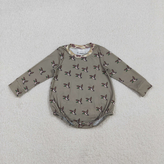 LR2302 Baby Boys Long Sleeves Dark Green Ducks Plaid Rompers D 1111