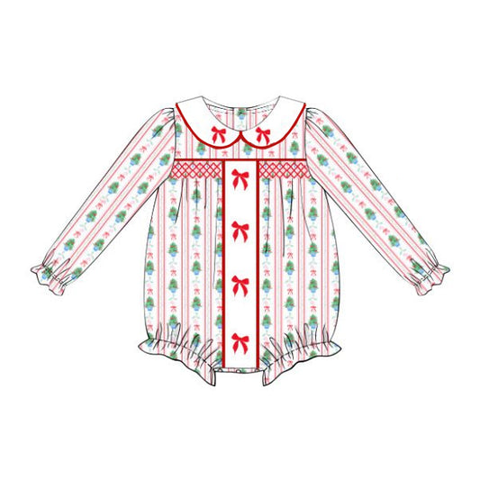 presale LR2303  Baby Girls Long Sleeves Red Green Bows Stripes Ruffle Rompers D 6.11