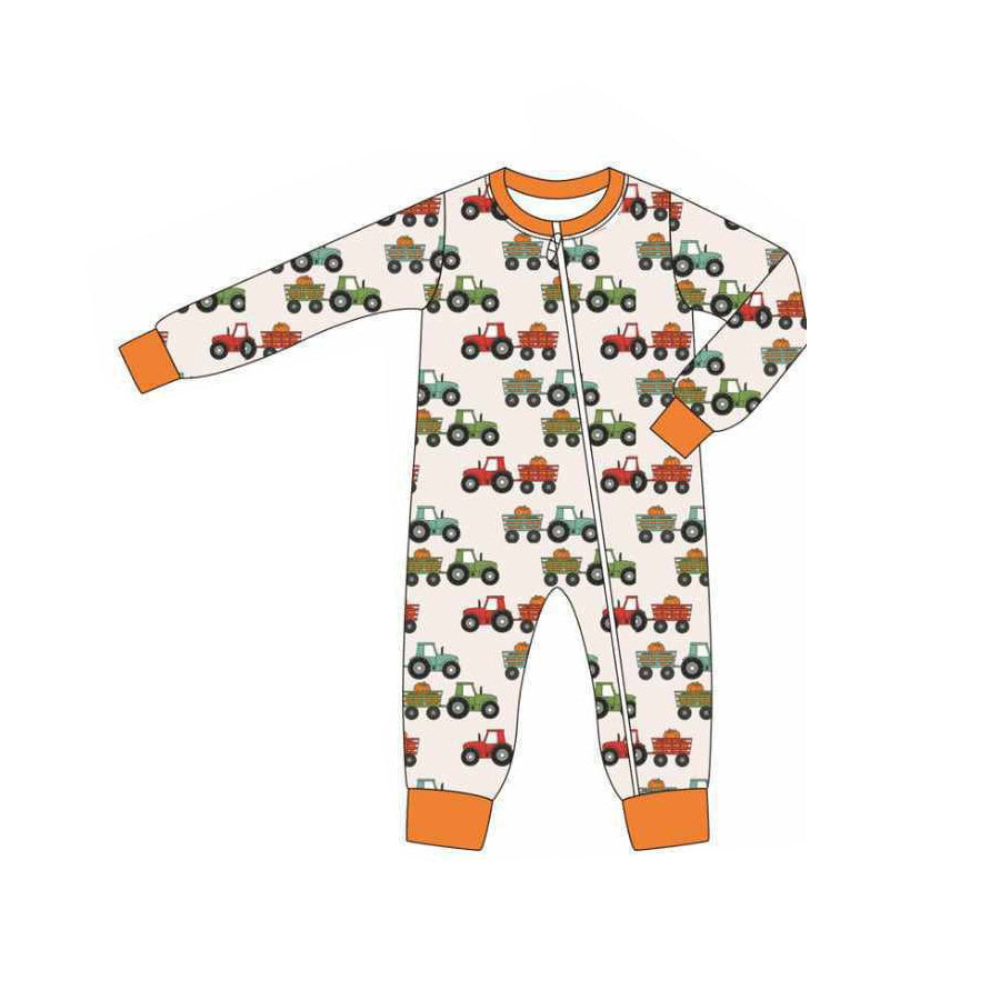 presale LR2304 Baby Boys Long Sleeves Farm Pumpkin Trucks Plaid Zipper Rompers  D 6.14
