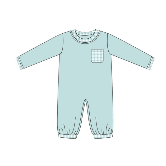 presale LR2309 Baby Boys Long Sleeves Blue Plaid Pocket Pant Rompers  D 6.14