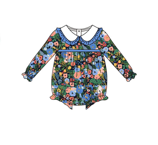 presale LR2311 Baby Girls Long Sleeves Hot Blue Floral Ruffle Rompers D 6.14