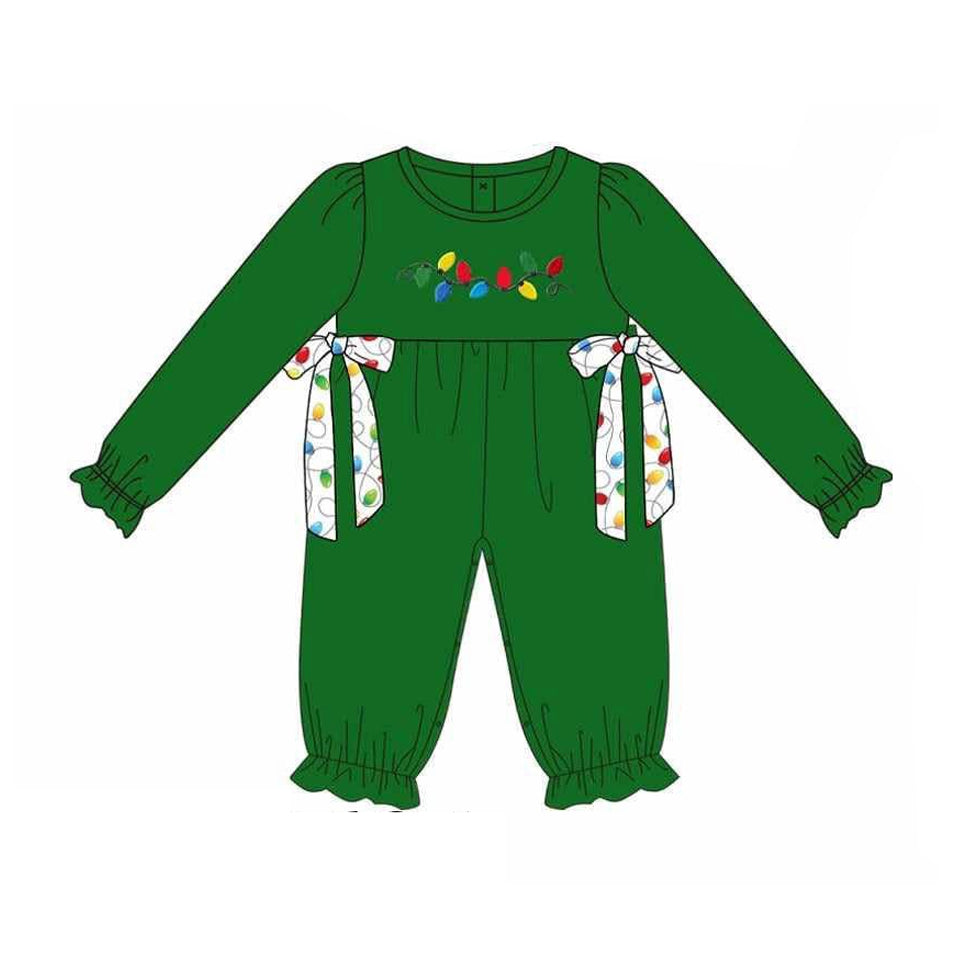 presale LR2314  Baby Girls Dark Green Long Ruffle Sleeves Lights Bows Pant Rompers D 6.14