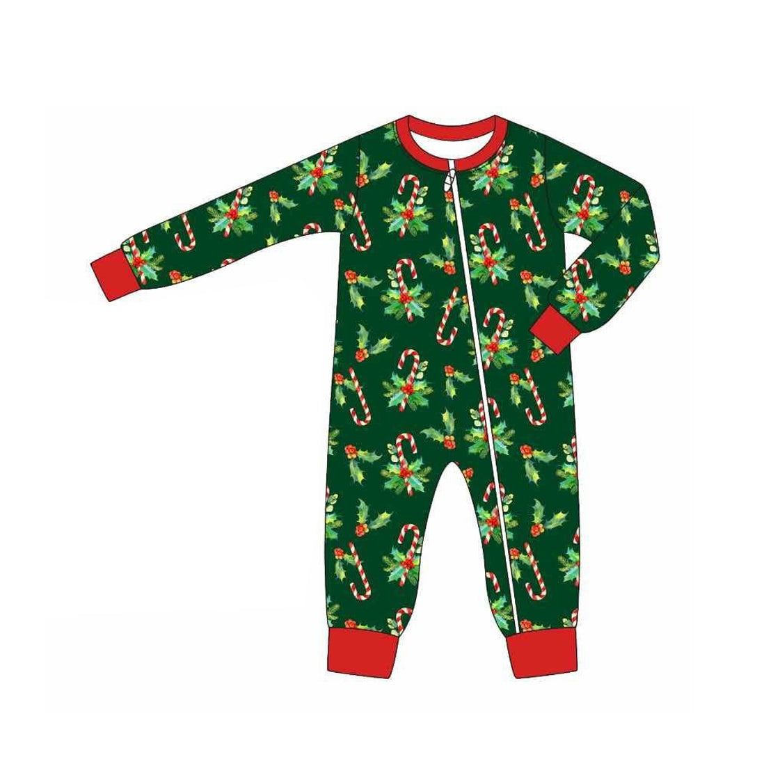 presale LR2317 Baby Boys Long Sleeves Holly Candy Cane Zipper Rompers D 6.14