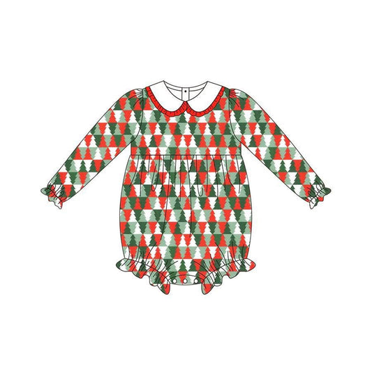 presale LR2322 Baby Girls Green Red Plaid Long Sleeves Trees Plaid Ruffle Rompers D 6.14