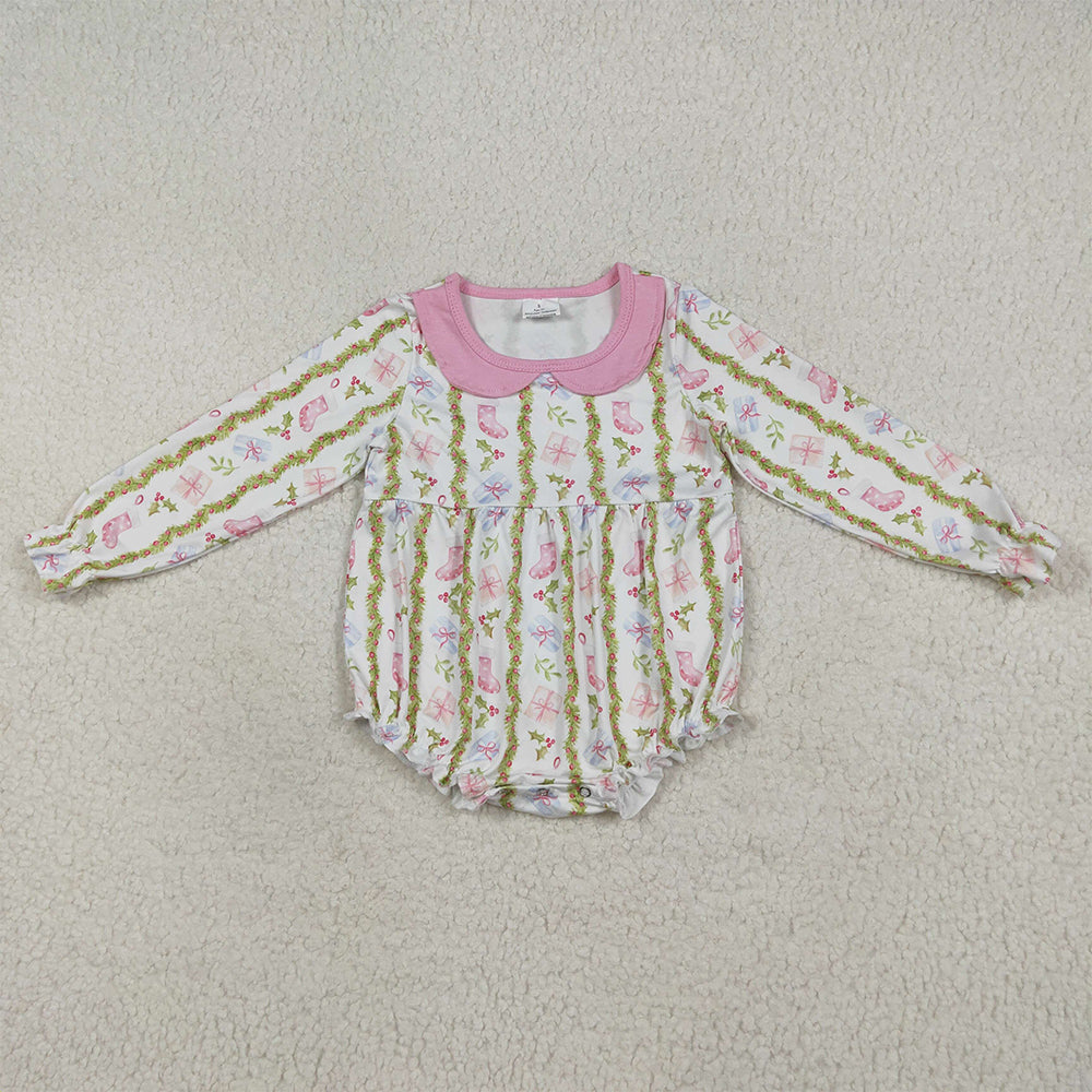 LR2324  Baby Girls Long Sleeves Gifts Floral Stripe Ruffle Rompers D 7.12