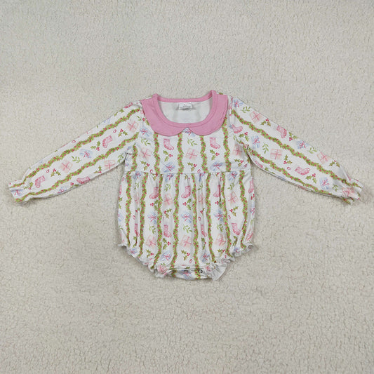 LR2324  Baby Girls Long Sleeves Gifts Floral Stripe Ruffle Rompers D 7.12