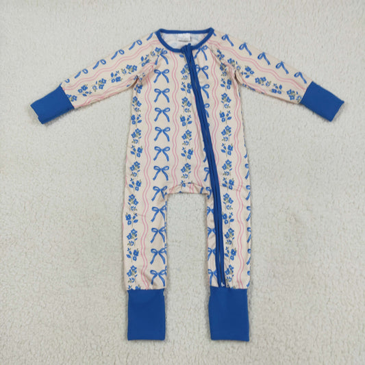 LR2327 Baby Girls Long Sleeves Blue Bows Flowers Stripe Zipper Pant Rompers D 7.14